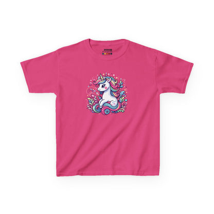 Front view of a hot pink "Unicorn Vibes" kids T-shirt featuring a colorful, whimsical unicorn design. Part of the Vivid Divergence Sensory Friendly Kids Shirts Range. The perfect T-shirt for sensory-sensitive kids and comes with a Sensory Satisfaction Promise.