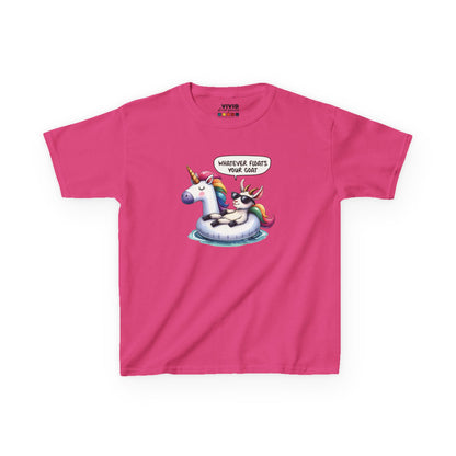 Front view of a hot pink "Whatever Floats Your Goat" kids T-shirt featuring a cartoon goat floating on a unicorn pool float. Part of the Vivid Divergence Sensory Friendly Kids Shirts Range. The perfect T-shirt for sensory-sensitive kids and comes with a Sensory Satisfaction Promise.