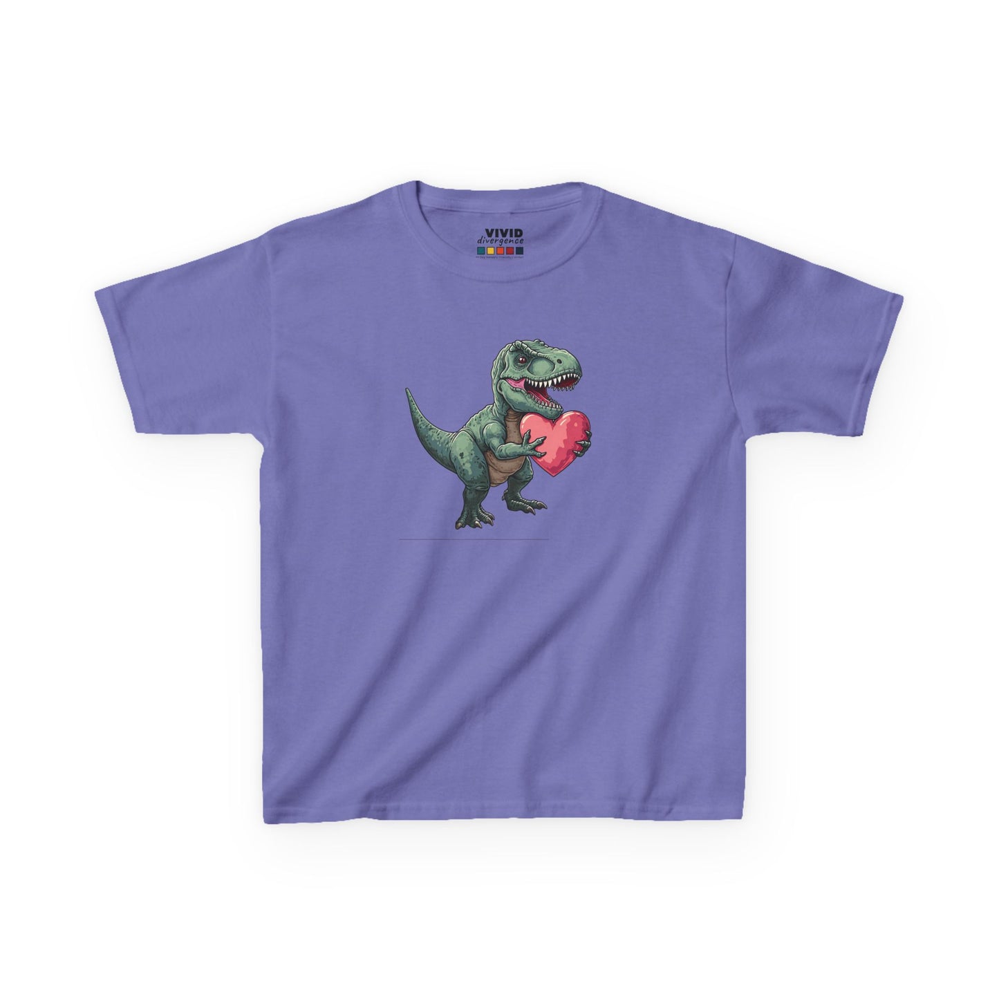 Front view of a lavender T-Rex Love kids T-shirt with a cartoon dinosaur holding a heart. Part of the Vivid Divergence Sensory Friendly Kids Shirts Range. The perfect T-shirt for sensory-sensitive kids and comes with a Sensory Satisfaction Promise.