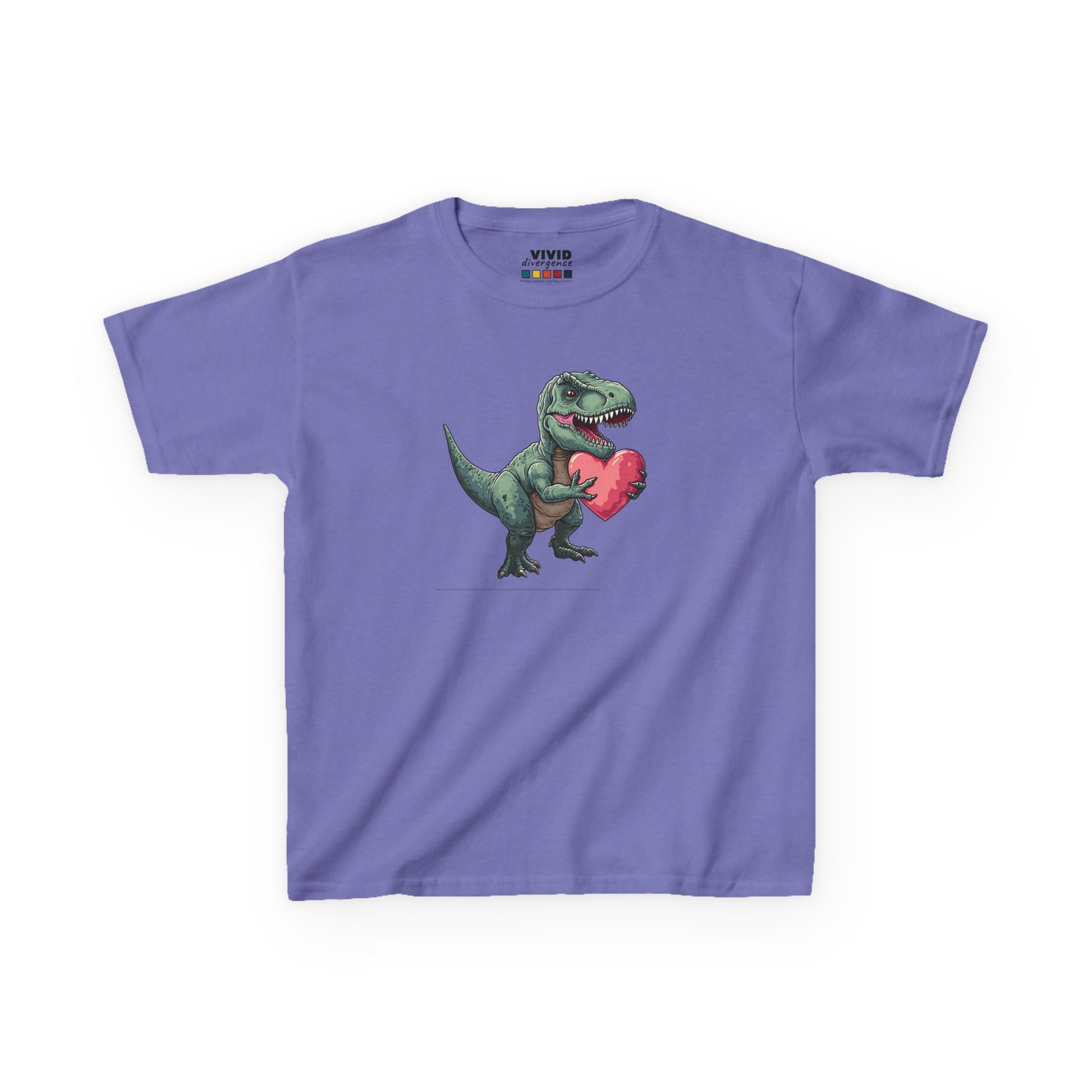 Front view of a lavender T-Rex Love kids T-shirt with a cartoon dinosaur holding a heart. Part of the Vivid Divergence Sensory Friendly Kids Shirts Range. The perfect T-shirt for sensory-sensitive kids and comes with a Sensory Satisfaction Promise.