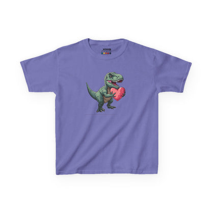 Front view of a lavender T-Rex Love kids T-shirt with a cartoon dinosaur holding a heart. Part of the Vivid Divergence Sensory Friendly Kids Shirts Range. The perfect T-shirt for sensory-sensitive kids and comes with a Sensory Satisfaction Promise.
