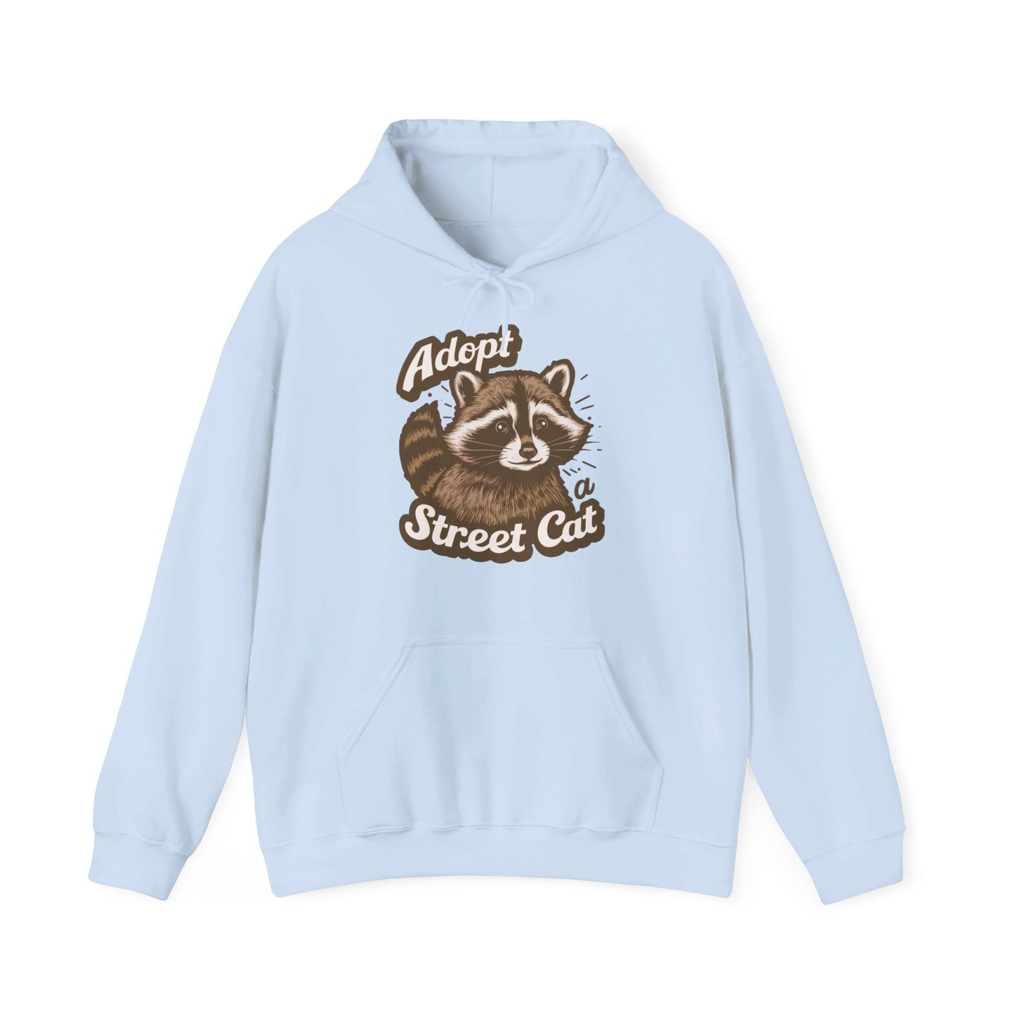 Front view of a light blue hoodie with the text "Adopt a Street Cat" and a cartoon illustration of a raccoon holding a cup. Part of the Vivid Divergence Sensory Friendly Unisex Hoodie Range.