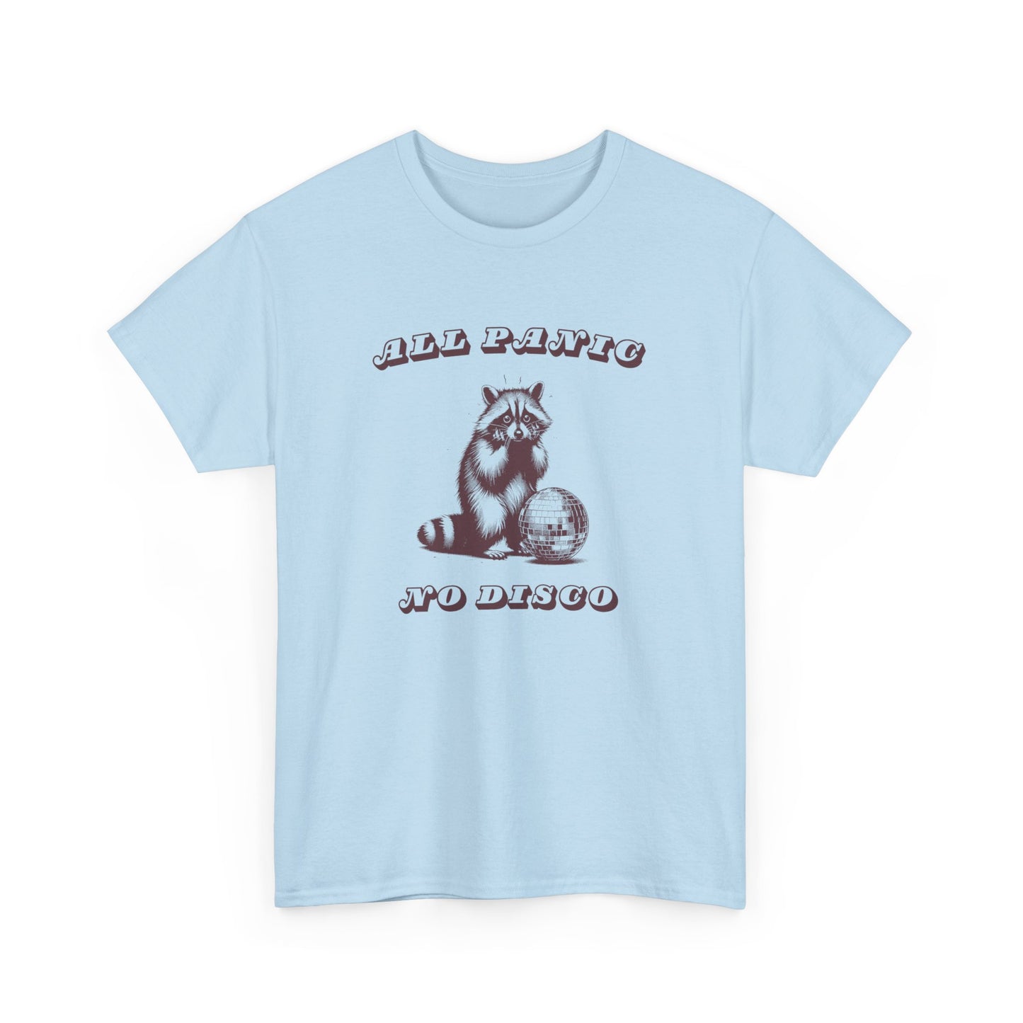 Front view of a light blue T-shirt featuring the text "All Panic No Disco" with a raccoon illustration. Part of the Vivid Divergence Sensory Friendly Unisex Tees Range.