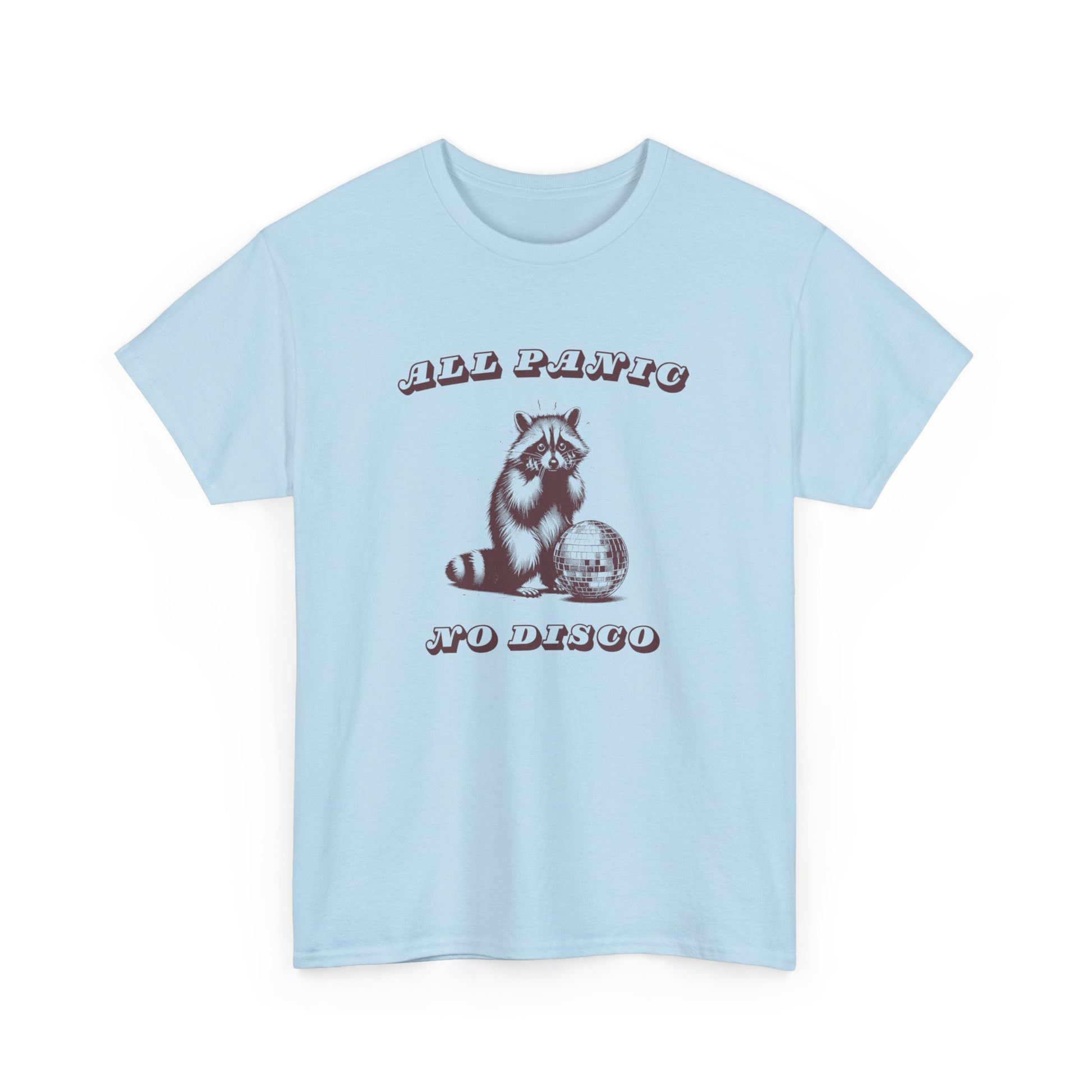 Front view of a light blue T-shirt featuring the text "All Panic No Disco" with a raccoon illustration. Part of the Vivid Divergence Sensory Friendly Unisex Tees Range.