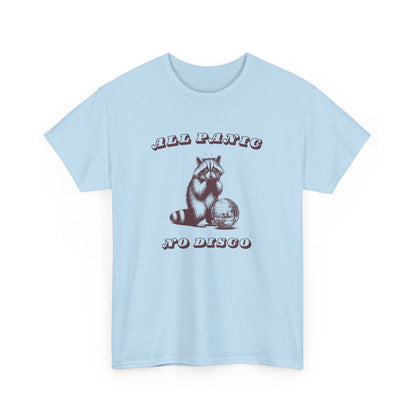 Front view of a light blue T-shirt featuring the text "All Panic No Disco" with a raccoon illustration. Part of the Vivid Divergence Sensory Friendly Unisex Tees Range.