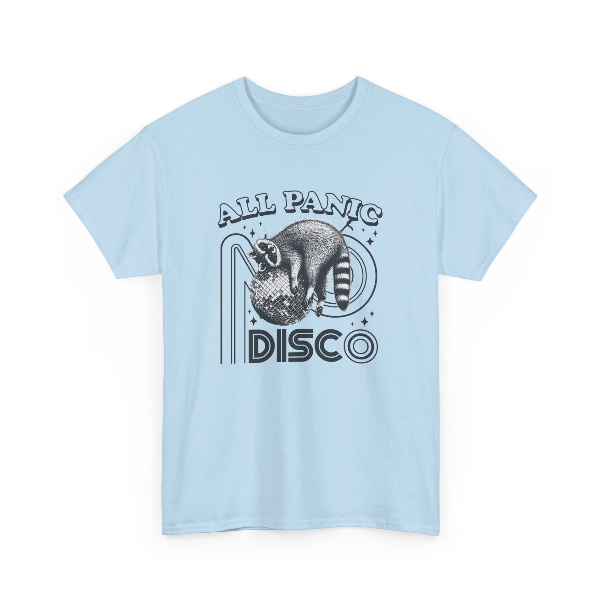 Front view of a light blue T-shirt featuring "All Panic No Disco" text with a raccoon illustration inside a disco ball. Part of the Vivid Divergence Sensory Friendly Unisex Tees Range.