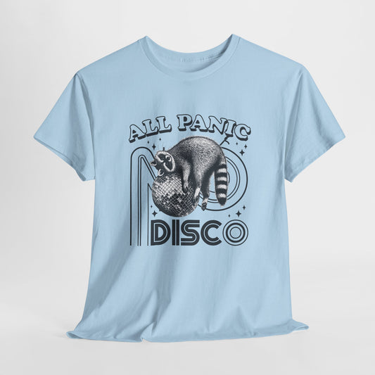 Hanging light blue T-shirt featuring "All Panic No Disco" text with a raccoon illustration inside a disco ball. Part of the Vivid Divergence Sensory Friendly Unisex Tees Range.
