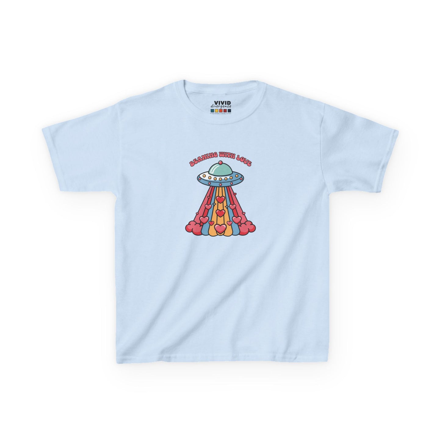 Front view of a light blue "Beaming With Love" kids T-shirt featuring a colorful UFO beaming down hearts. Part of the Vivid Divergence Sensory Friendly Kids Shirts Range. The perfect T-shirt for sensory-sensitive kids and comes with a Sensory Satisfaction Promise.