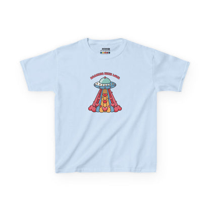 Front view of a light blue "Beaming With Love" kids T-shirt featuring a colorful UFO beaming down hearts. Part of the Vivid Divergence Sensory Friendly Kids Shirts Range. The perfect T-shirt for sensory-sensitive kids and comes with a Sensory Satisfaction Promise.