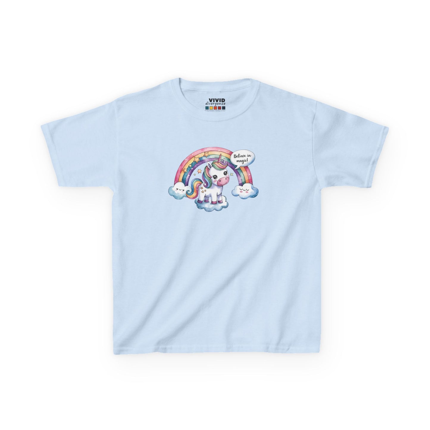 Front view of a light blue "Believe In Magic" unicorn kids T-shirt featuring a colorful unicorn under a rainbow. Part of the Vivid Divergence Sensory Friendly Kids Shirts Range. The perfect T-shirt for sensory-sensitive kids and comes with a Sensory Satisfaction Promise.