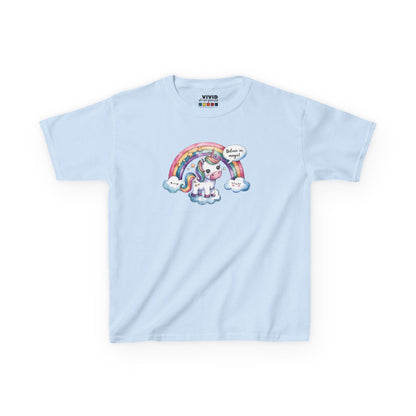 Front view of a light blue "Believe In Magic" unicorn kids T-shirt featuring a colorful unicorn under a rainbow. Part of the Vivid Divergence Sensory Friendly Kids Shirts Range. The perfect T-shirt for sensory-sensitive kids and comes with a Sensory Satisfaction Promise.