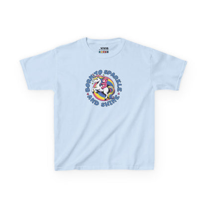 Front view of a light blue "Born To Sparkle Shine" unicorn kids T-shirt featuring a colorful unicorn graphic. Part of the Vivid Divergence Sensory Friendly Kids Shirts Range. The perfect T-shirt for sensory-sensitive kids and comes with a Sensory Satisfaction Promise.