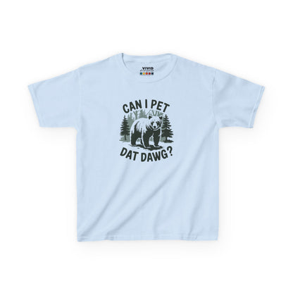 Front view of a light blue "Can I Pet Dat Dawg" meme kids T-shirt featuring a playful dog graphic. Part of the Vivid Divergence Sensory Friendly Kids Shirts Range. The perfect T-shirt for sensory-sensitive kids and comes with a Sensory Satisfaction Promise.