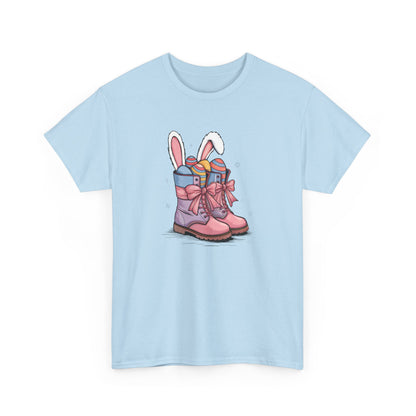 Light Blue Easter T-shirt displaying an Easter cowgirl boots design with bunny ears and eggs, perfect for springtime celebrations. Hop into the season in style and shop Easter shirts online today!