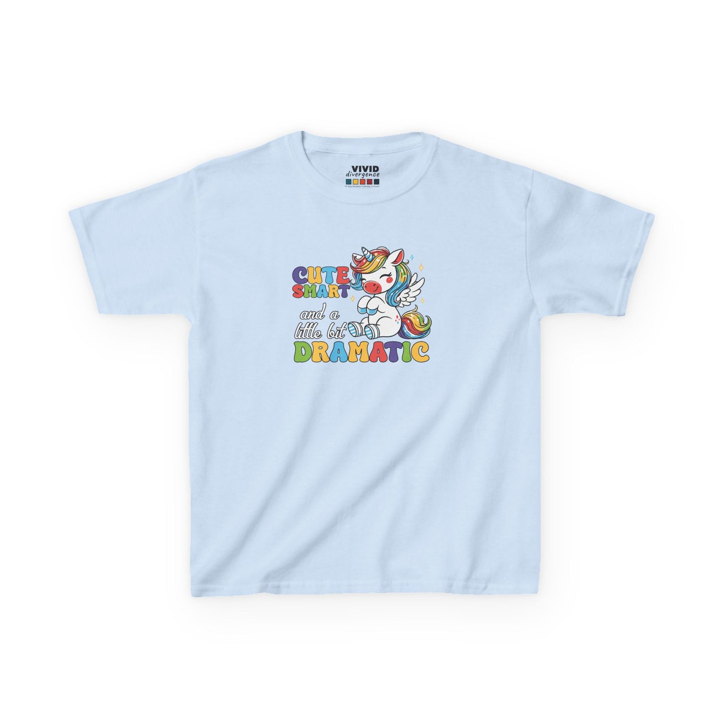 Front view of a light blue "Cute, Smart, and a Little Bit Dramatic" unicorn kids T-shirt featuring a colorful unicorn graphic with playful text. Part of the Vivid Divergence Sensory Friendly Kids Shirts Range. The perfect T-shirt for sensory-sensitive kids and comes with a Sensory Satisfaction Promise.