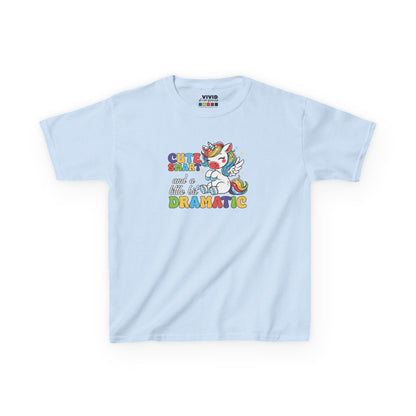 Front view of a light blue "Cute, Smart, and a Little Bit Dramatic" unicorn kids T-shirt featuring a colorful unicorn graphic with playful text. Part of the Vivid Divergence Sensory Friendly Kids Shirts Range. The perfect T-shirt for sensory-sensitive kids and comes with a Sensory Satisfaction Promise.