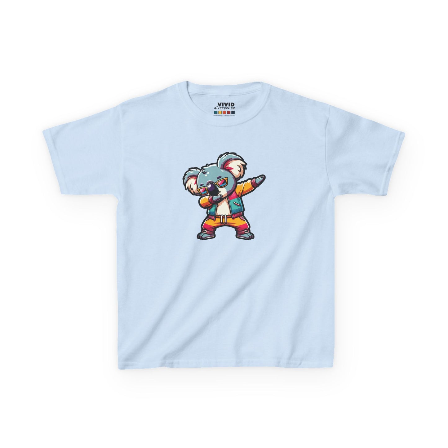 Front view of a light blue "Dabbing Koala" kids T-shirt featuring a cartoon koala in a dabbing pose. Part of the Vivid Divergence Sensory Friendly Kids Shirts Range. The perfect T-shirt for sensory-sensitive kids and comes with a Sensory Satisfaction Promise.