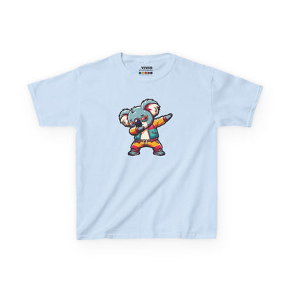 Front view of a light blue "Dabbing Koala" kids T-shirt featuring a cartoon koala in a dabbing pose. Part of the Vivid Divergence Sensory Friendly Kids Shirts Range. The perfect T-shirt for sensory-sensitive kids and comes with a Sensory Satisfaction Promise.
