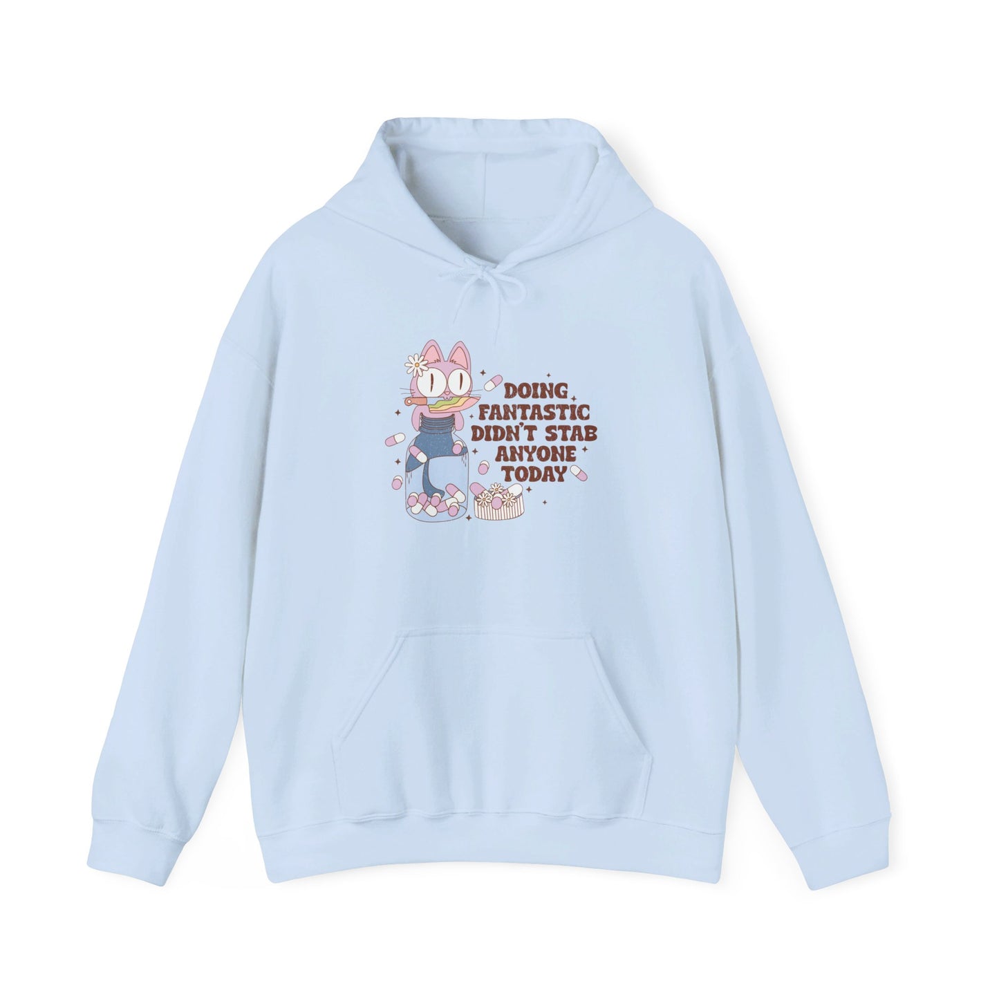Front view of a light blue hoodie featuring the text "Doing Fantastic, Didn’t Stab Anyone Today" and a cartoon illustration of a raccoon holding a knife. Part of the Vivid Divergence Sensory Friendly Unisex Hoodie Range.
