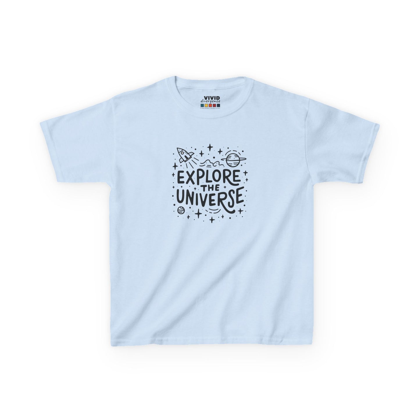 Front view of a light blue "Explore The Universe" kids T-shirt featuring a space-themed graphic with stars and planets. Part of the Vivid Divergence Sensory Friendly Kids Shirts Range. The perfect T-shirt for sensory-sensitive kids and comes with a Sensory Satisfaction Promise.