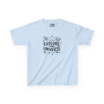 Front view of a light blue "Explore The Universe" kids T-shirt featuring a space-themed graphic with stars and planets. Part of the Vivid Divergence Sensory Friendly Kids Shirts Range. The perfect T-shirt for sensory-sensitive kids and comes with a Sensory Satisfaction Promise.