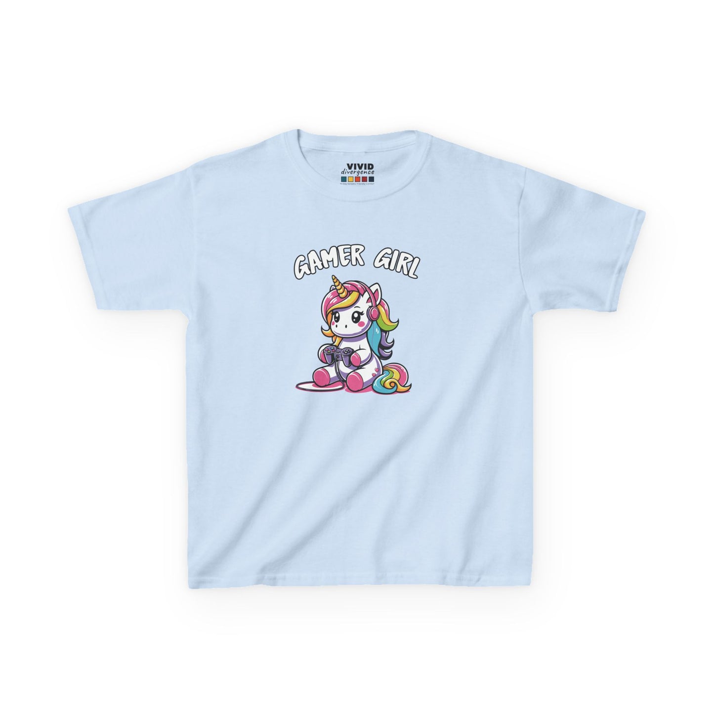 Front view of a light blue "Gamer Girl" unicorn kids T-shirt featuring a unicorn with gaming gear. Part of the Vivid Divergence Sensory Friendly Kids Shirts Range. The perfect T-shirt for sensory-sensitive kids and comes with a Sensory Satisfaction Promise.
