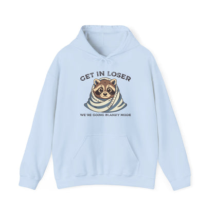 Front view of a light blue hoodie featuring a raccoon wrapped in a blanket with the text "Get in Loser, We're Going Blanky Mode." Part of the Vivid Divergence Sensory Friendly Unisex Hoodie Range.