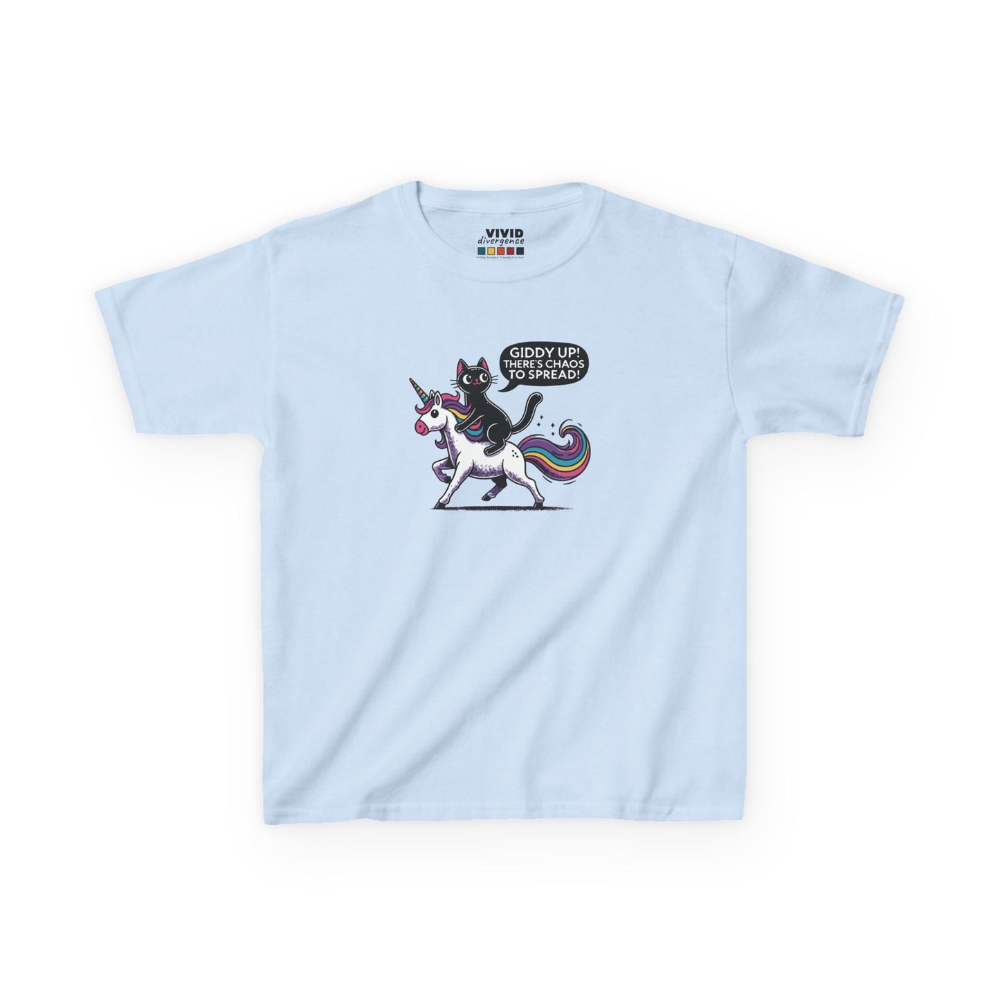 Front view of a light blue "Giddy Up, There's Chaos to Spread" cat and unicorn kids T-shirt with a playful graphic. Part of the Vivid Divergence Sensory Friendly Kids Shirts Range. The perfect T-shirt for sensory-sensitive kids and comes with a Sensory Satisfaction Promise.
