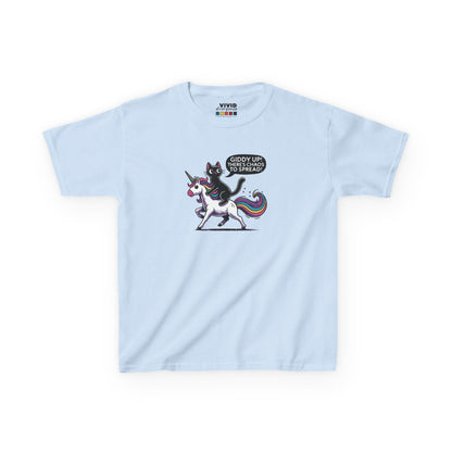 Front view of a light blue "Giddy Up, There's Chaos to Spread" cat and unicorn kids T-shirt with a playful graphic. Part of the Vivid Divergence Sensory Friendly Kids Shirts Range. The perfect T-shirt for sensory-sensitive kids and comes with a Sensory Satisfaction Promise.