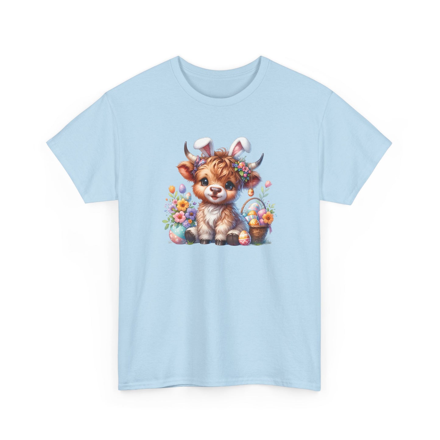 Light Blue Easter T-shirt decorated with a fluffy Highland cow surrounded by Easter eggs and flowers, a stylish choice for spring celebrations. Hop into the season in style and shop Easter shirts online today!