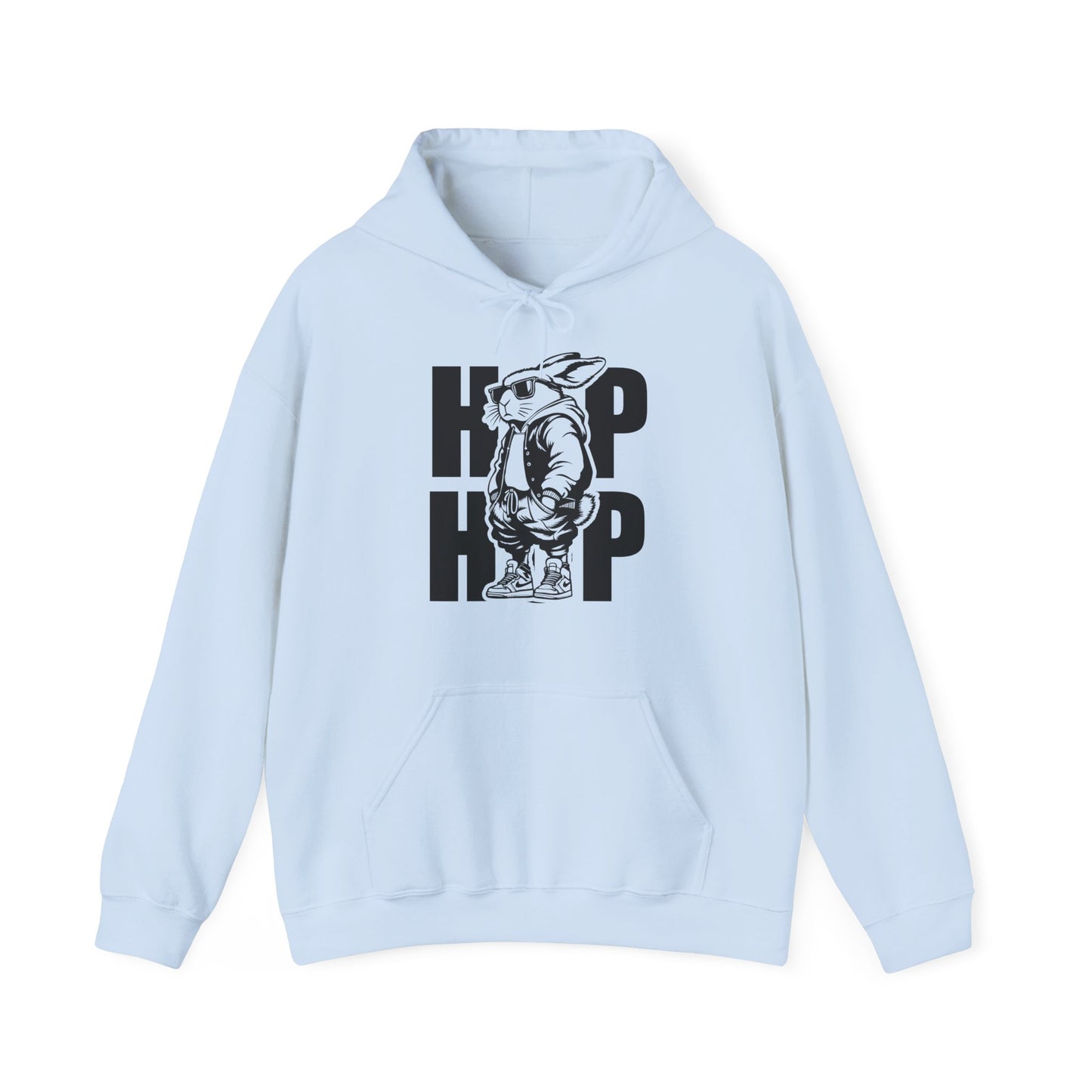 Front view of light blue hoodie with Easter-themed hip hop bunny print. Part of the Vivid Divergence Sensory Friendly Unisex Hoodies Range.