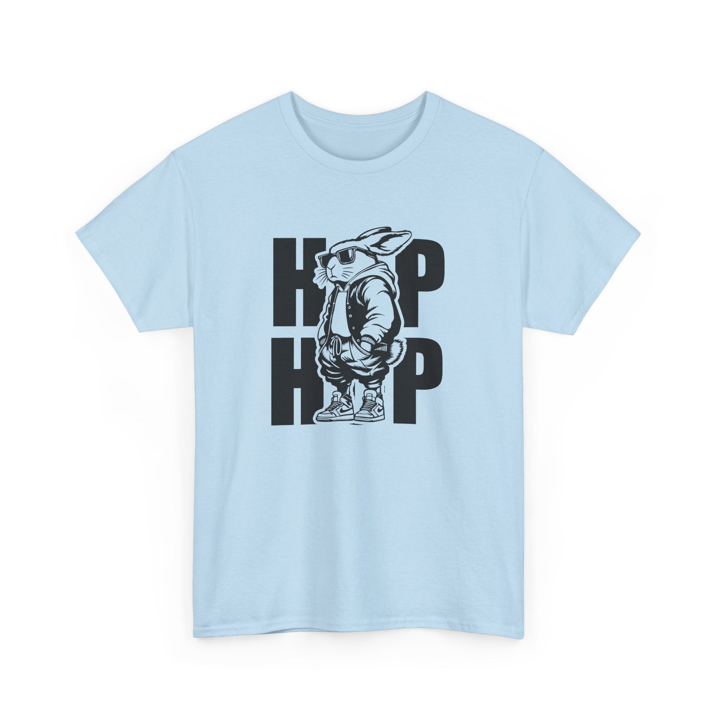 Light Blue Easter T-shirt showcasing a trendy hip-hop bunny with "HOP HOP" text, a fun and urban-inspired design. Hop into the season in style and shop Easter shirts online today!