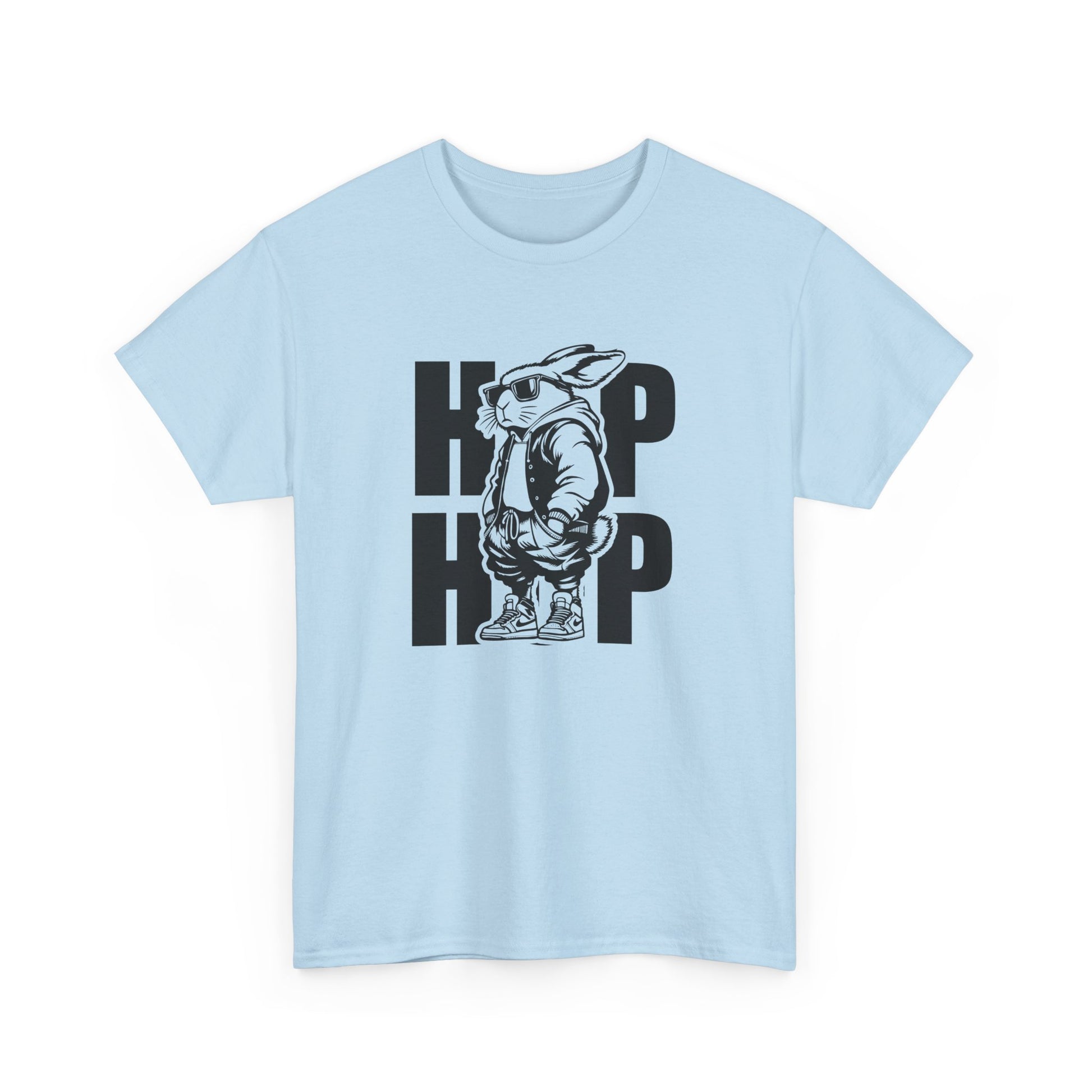 Light Blue Easter T-shirt showcasing a trendy hip-hop bunny with "HOP HOP" text, a fun and urban-inspired design. Hop into the season in style and shop Easter shirts online today!