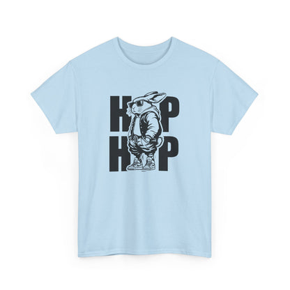 Light Blue Easter T-shirt showcasing a trendy hip-hop bunny with "HOP HOP" text, a fun and urban-inspired design. Hop into the season in style and shop Easter shirts online today!