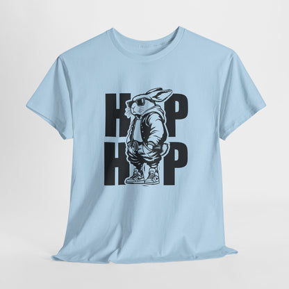 Light Blue T-shirt hanging, showcasing a stylish hip-hop bunny with "HOP HOP" text, a fun and urban Easter design. Hop into the season in style and shop Easter shirts online today!
