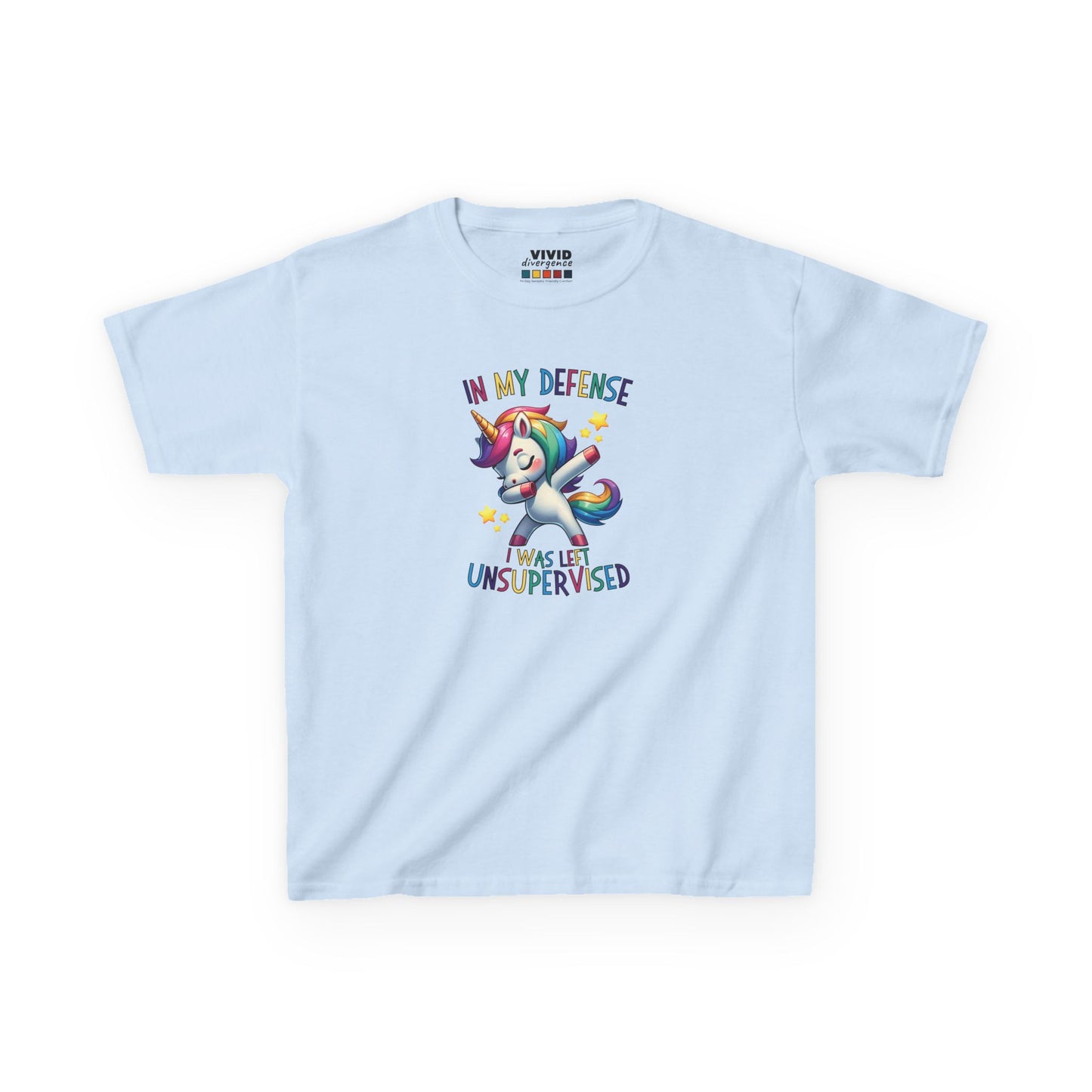 Front view of a light blue "In My Defense, I Was Left Unsupervised" unicorn kids T-shirt featuring a playful, colorful unicorn graphic. Part of the Vivid Divergence Sensory Friendly Kids Shirts Range. The perfect T-shirt for sensory-sensitive kids and comes with a Sensory Satisfaction Promise.