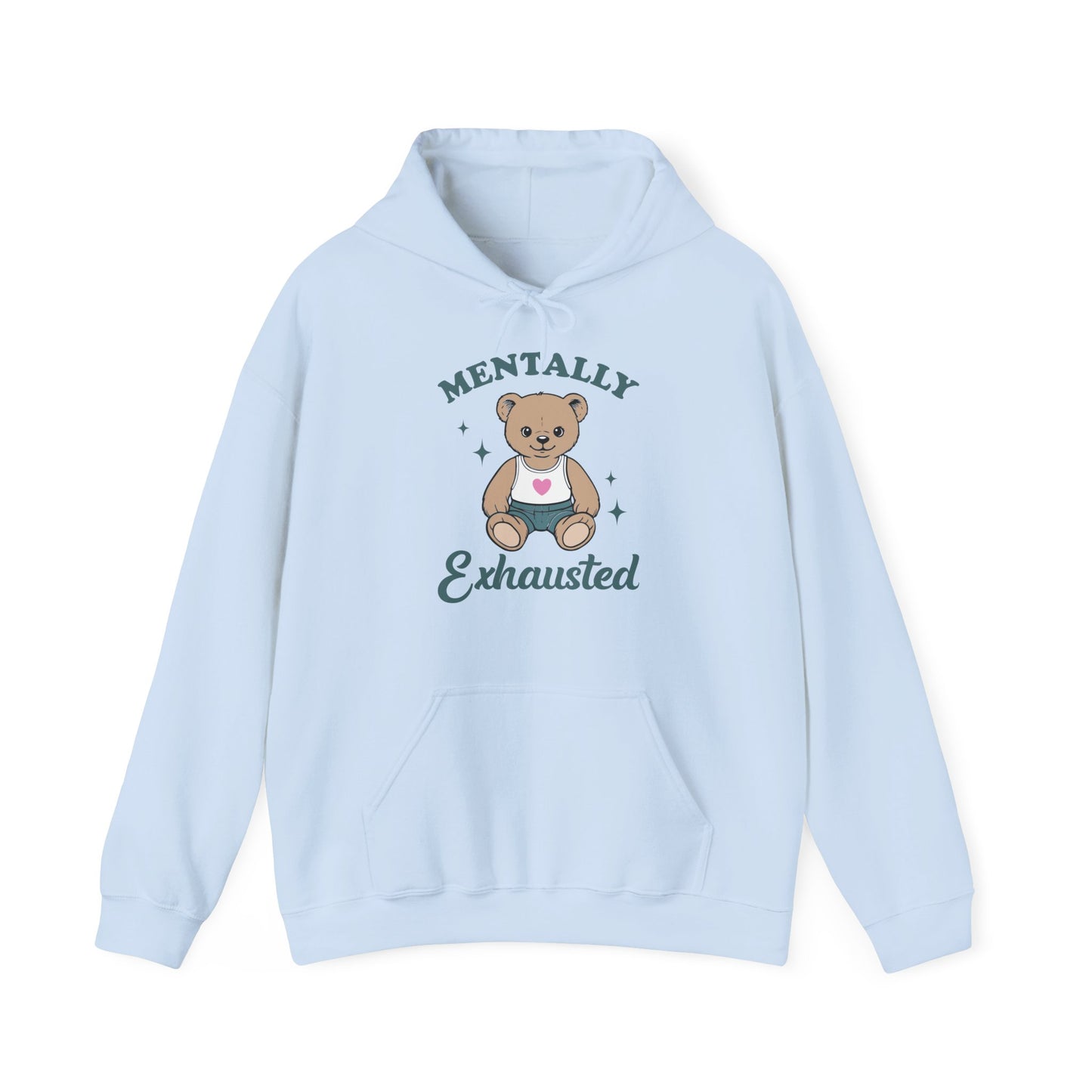 Front view of a light blue hoodie featuring a cute teddy bear wearing an apron with the text "Mentally Exhausted." Part of the Vivid Divergence Sensory Friendly Unisex Hoodie Range.