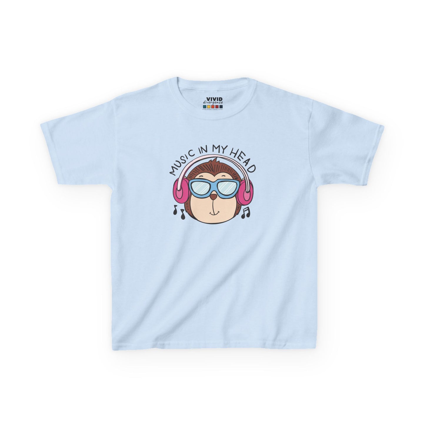 Front view of a light blue "Music In My Head" monkey kids T-shirt featuring a cartoon monkey wearing headphones. Part of the Vivid Divergence Sensory Friendly Kids Shirts Range. The perfect T-shirt for sensory-sensitive kids and comes with a Sensory Satisfaction Promise.