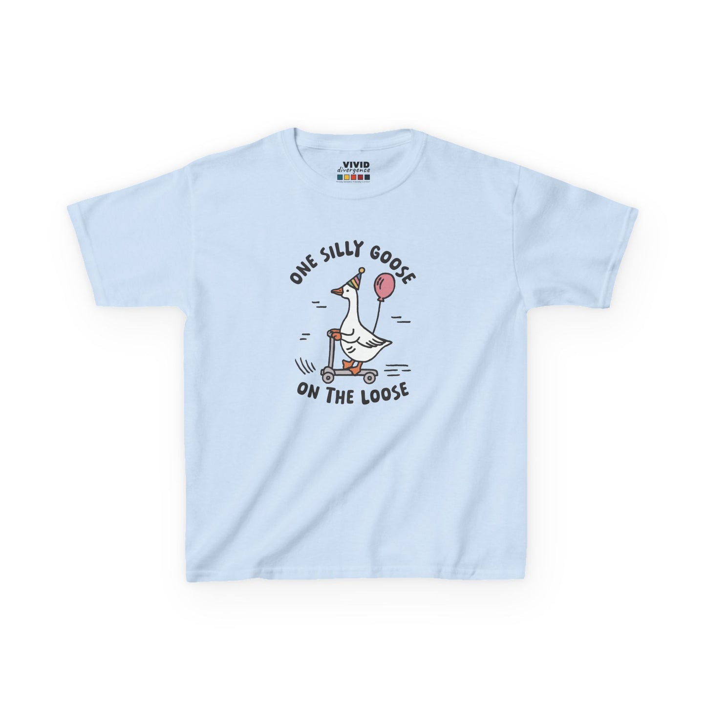 Front view of a light blue "One Silly Goose On The Loose" kids T-shirt featuring a playful cartoon goose. Part of the Vivid Divergence Sensory Friendly Kids Shirts Range. The perfect T-shirt for sensory-sensitive kids and comes with a Sensory Satisfaction Promise.