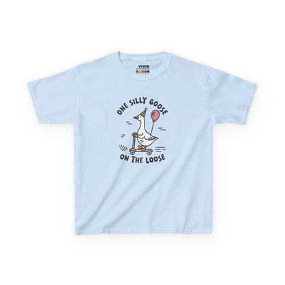 Front view of a light blue "One Silly Goose On The Loose" kids T-shirt featuring a playful cartoon goose. Part of the Vivid Divergence Sensory Friendly Kids Shirts Range. The perfect T-shirt for sensory-sensitive kids and comes with a Sensory Satisfaction Promise.
