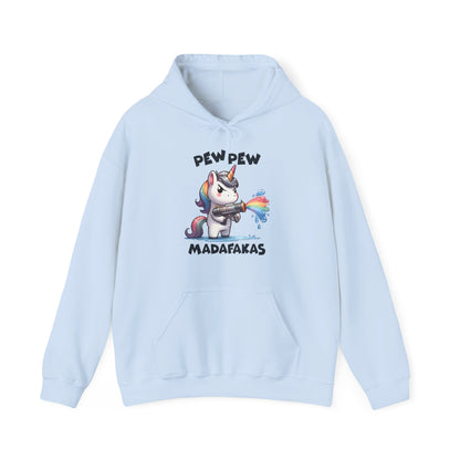 Front view of a light blue hoodie featuring the text "Pew Pew Madafakas" and a cartoon illustration of a unicorn holding a rainbow water gun. Part of the Vivid Divergence Sensory Friendly Unisex Hoodie Range.