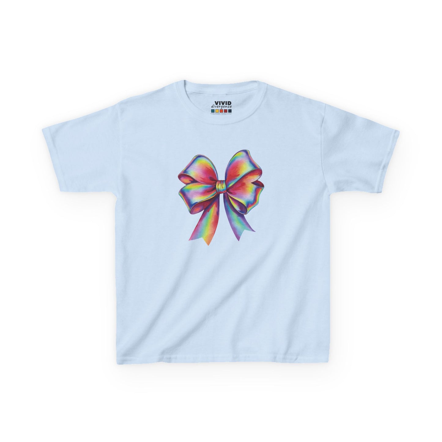 Front view of a light blue "Rainbow Holographic Bow" kids T-shirt featuring a colorful holographic bow graphic. Part of the Vivid Divergence Sensory Friendly Kids Shirts Range. The perfect T-shirt for sensory-sensitive kids and comes with a Sensory Satisfaction Promise.