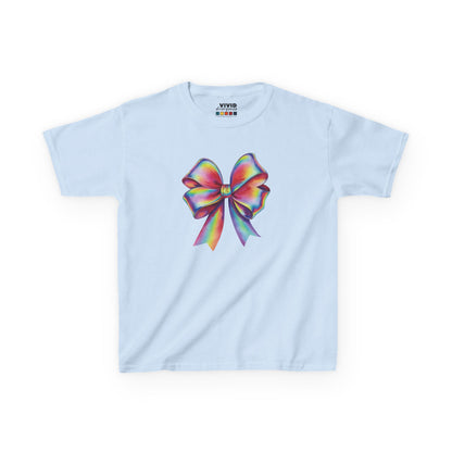 Front view of a light blue "Rainbow Holographic Bow" kids T-shirt featuring a colorful holographic bow graphic. Part of the Vivid Divergence Sensory Friendly Kids Shirts Range. The perfect T-shirt for sensory-sensitive kids and comes with a Sensory Satisfaction Promise.