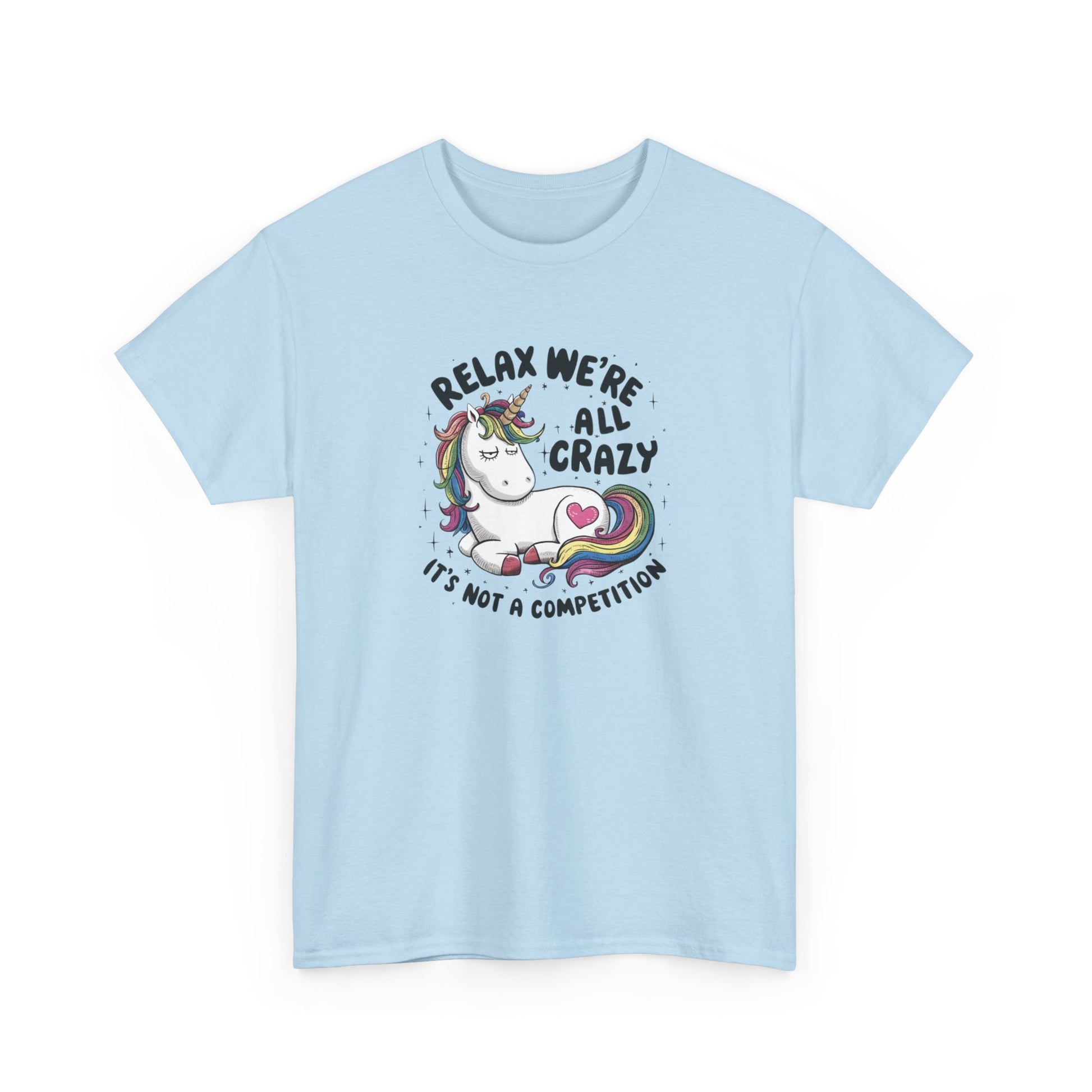 Front view of a light blue T-shirt with "Relax, We're All Crazy" and a whimsical cat graphic in black text. Part of the Vivid Divergence Sensory Friendly Unisex Tees Range.