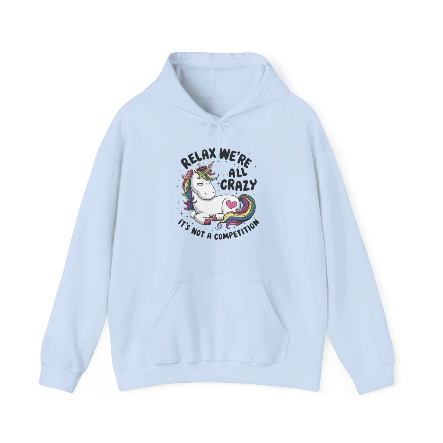 Front view of a light blue hoodie featuring the text "Relax, We're All Crazy" and a cartoon illustration of a raccoon in a teacup. Part of the Vivid Divergence Sensory Friendly Unisex Hoodie Range.