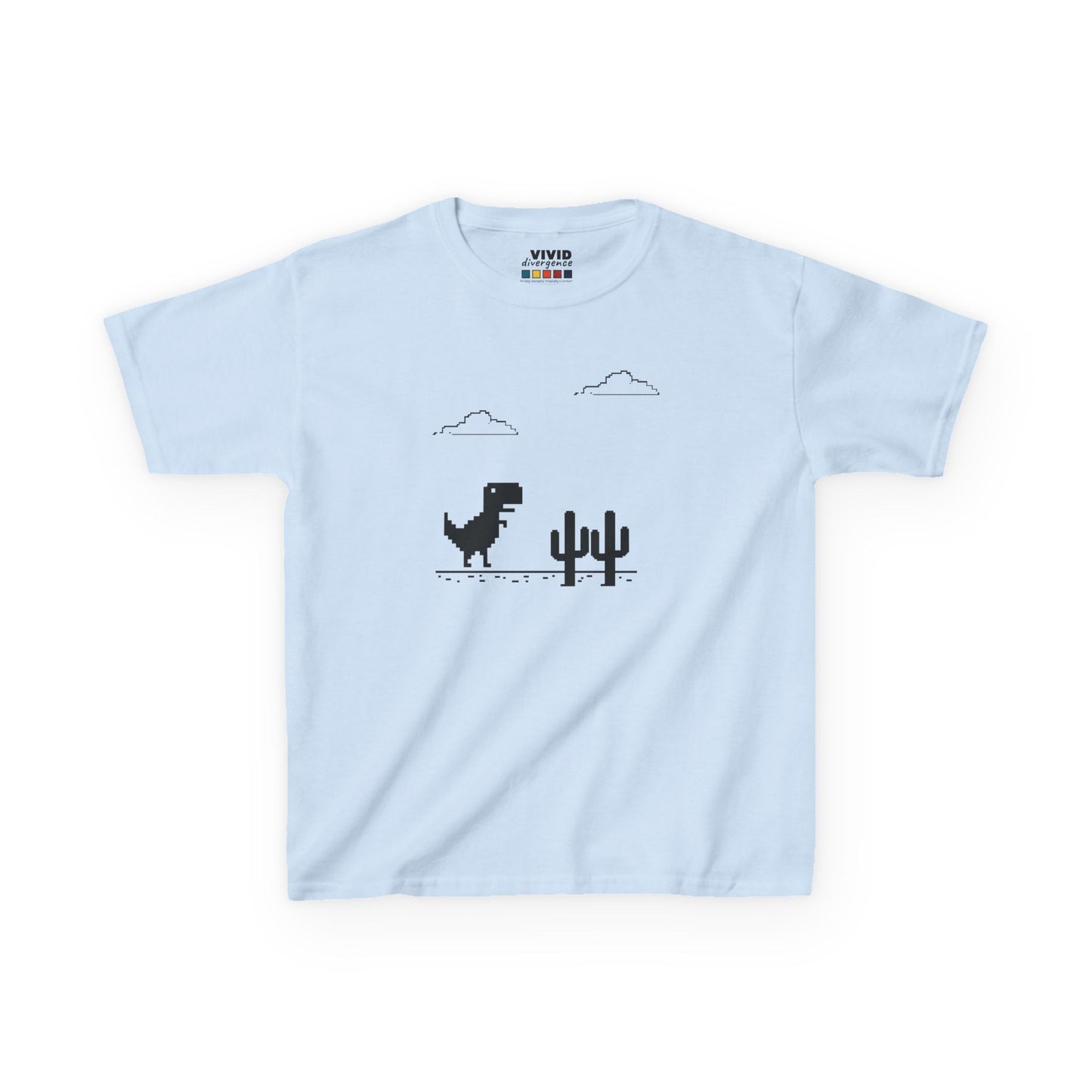 Front view of a light blue "T-Rex Runner" Dinosaur Game kids T-shirt featuring a pixelated T-Rex and cactus design. Part of the Vivid Divergence Sensory Friendly Kids Shirts Range. The perfect T-shirt for sensory-sensitive kids and comes with a Sensory Satisfaction Promise.