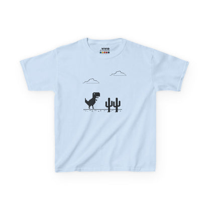 Front view of a light blue "T-Rex Runner" Dinosaur Game kids T-shirt featuring a pixelated T-Rex and cactus design. Part of the Vivid Divergence Sensory Friendly Kids Shirts Range. The perfect T-shirt for sensory-sensitive kids and comes with a Sensory Satisfaction Promise.