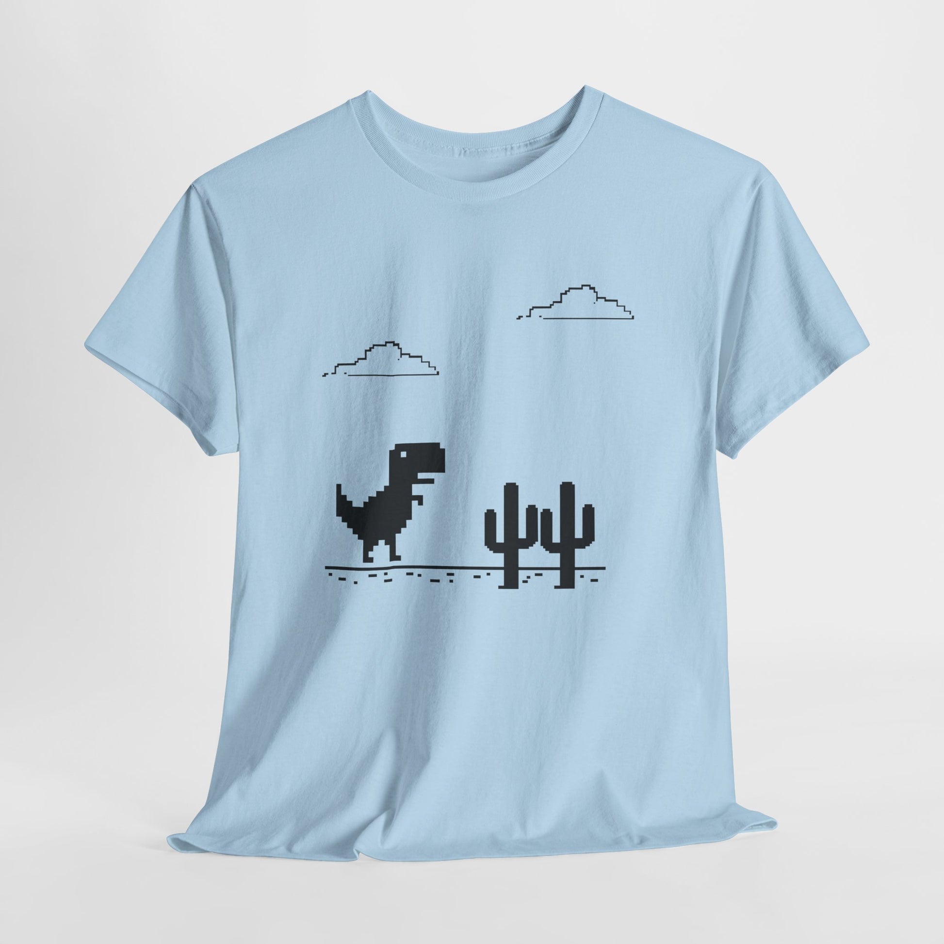 Hanging light blue T-shirt featuring a minimalist pixel-style T-Rex Runner Dinosaur Game design with a T-Rex, cacti, and clouds. Part of the Vivid Divergence Sensory Friendly Unisex Tees Range.