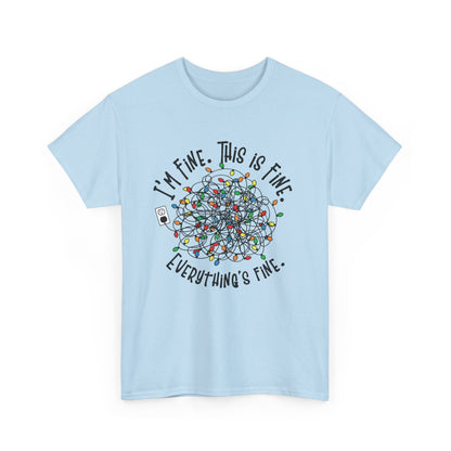 Light blue T-shirt featuring a festive tangle of Christmas lights with the phrase "I'm Fine. This is Fine. Everything's Fine." Part of the Vivid Divergence Sensory Friendly Unisex Tees Range.