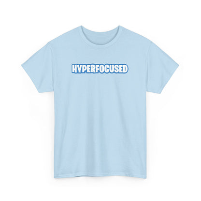 Front view of a light blue T-shirt with the text "Hyperfocused" in a Fortnite-style design. Part of the Vivid Divergence Sensory Friendly Unisex Tees Range.
